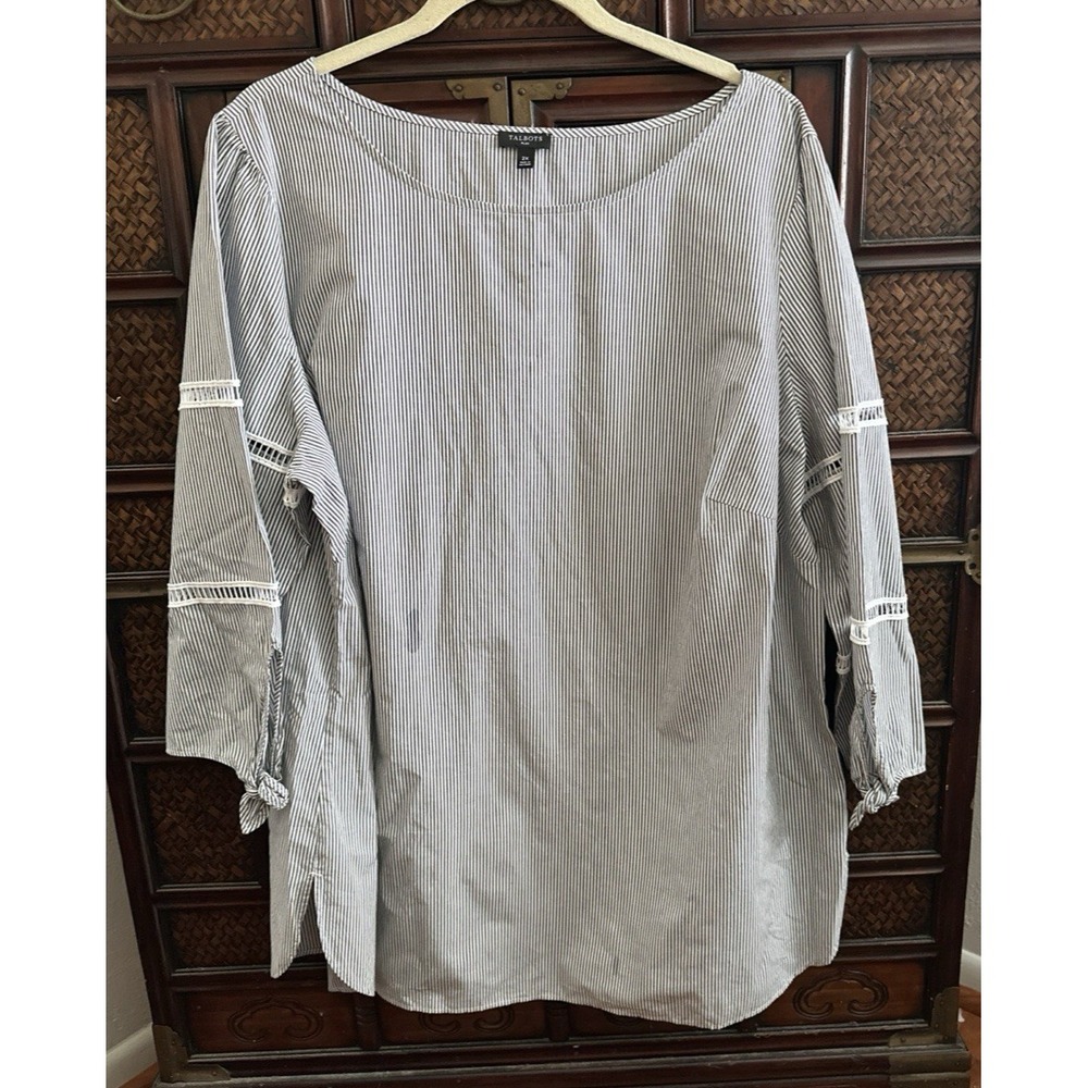 Talbots Top Women's 2X Gray Micro Striped Embroidered Lace Trim 100% Cotton Plus